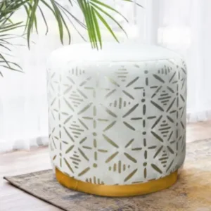 Geometric Foil Printed Round Ottoman – Chantilly white