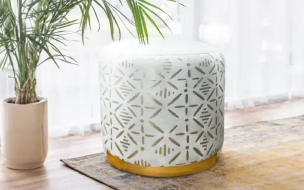 Geometric Foil Printed Round Ottoman – Chantilly white